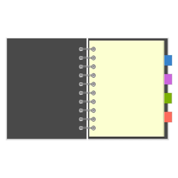 Cuaderno espiral gris en blanco con marcadores de colores — Vector de stock