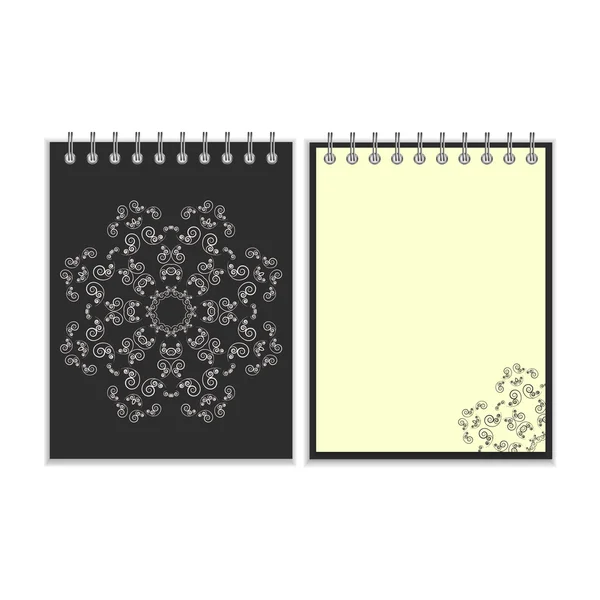 Cuaderno de portada negro con patrón redondo de estrella adornada — Vector de stock