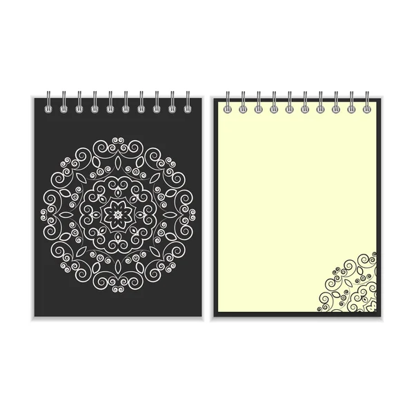 Black cover notebook with round floral pattern — Stock Vector