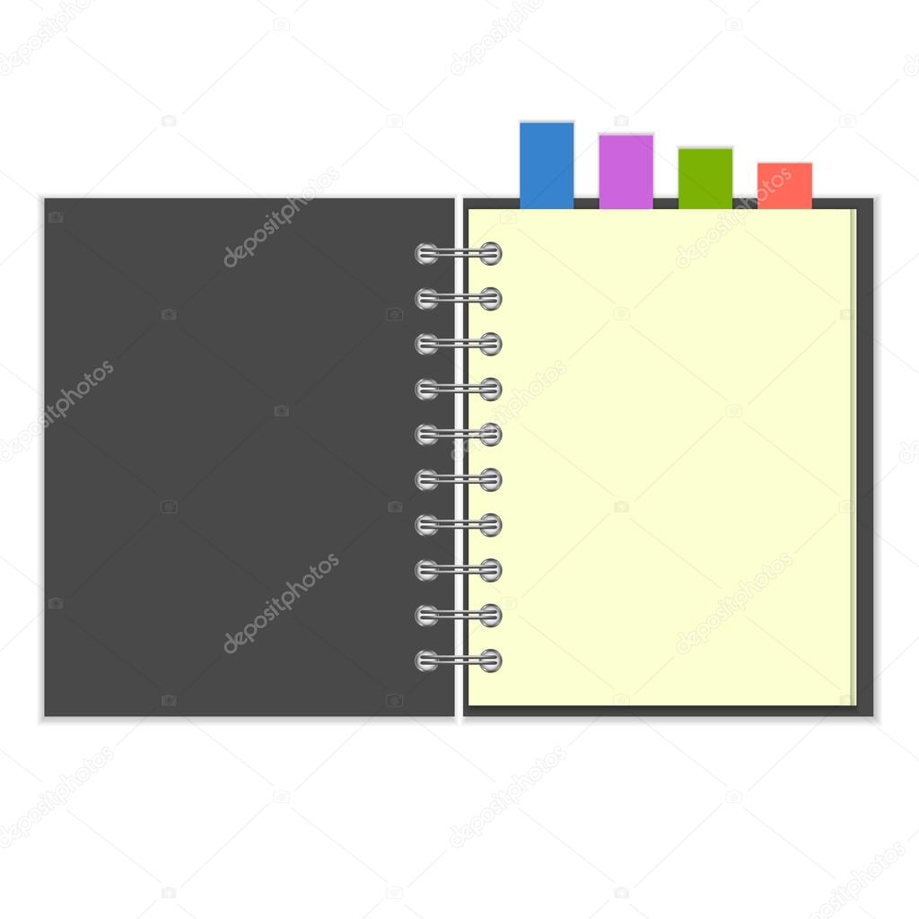 Blank grey notebook with colorful bookmarks