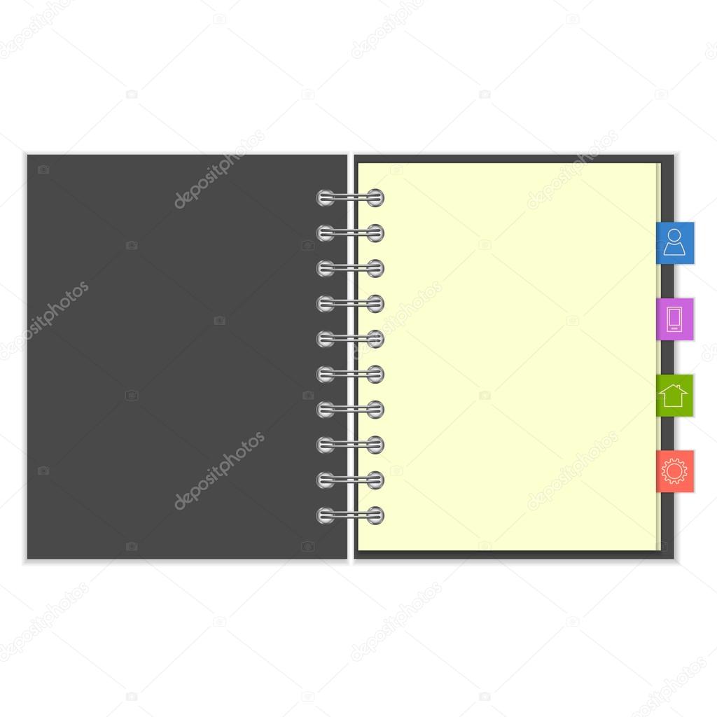 Blank notebook with colorful information bookmarks