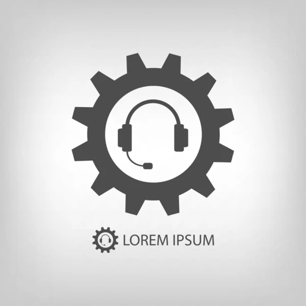 Gearwheel gris y auriculares como icono de soporte — Vector de stock