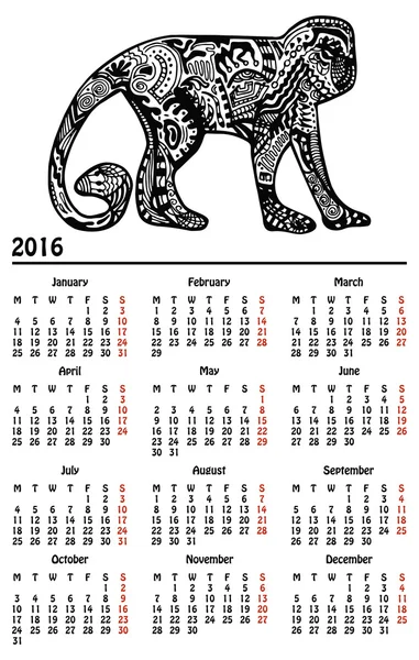 Calendario 2016 di anno nuovo con scimmia — Vettoriale Stock