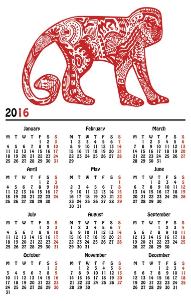 Nuovo anno 2016 calendario con scimmia rossa — Vettoriale Stock