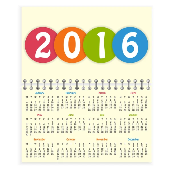 Spiral 2016 calendar — Stock Vector