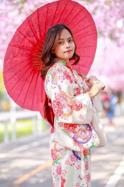 Retrato Viajero Joven Mujer Asiática Usar Vestido Yukata Caminar Por — Foto de Stock