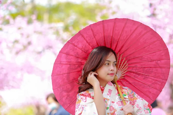 Retrato Viajante Jovem Mulher Asiática Usar Vestido Yukata Andando Caminho — Fotografia de Stock