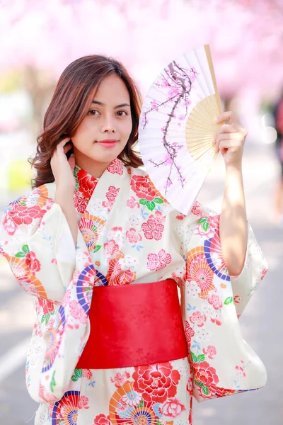 Ritratto Una Giovane Donna Asiatica Viaggiatrice Che Indossa Abito Yukata — Foto Stock