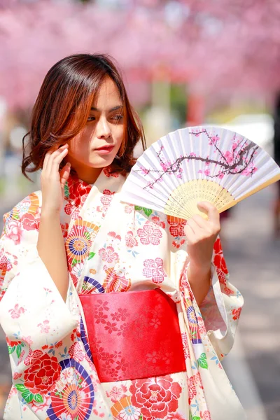 Ritratto Una Giovane Donna Asiatica Viaggiatrice Che Indossa Abito Yukata — Foto Stock