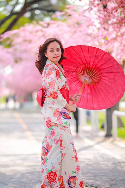 Retrato Viajante Jovem Mulher Asiática Usar Vestido Yukata Andando Caminho — Fotografia de Stock