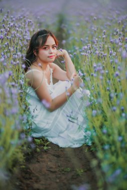 Lavanta tarlasında uzun sarı saçlı bir kadın. Stil hayatı, yaz günlerinde uzun beyaz elbiseli ve rahatlamış bir şekilde seyahatin tadını çıkarır..