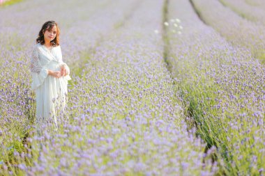 Lavanta tarlasında uzun sarı saçlı bir kadın. Stil hayatı, yaz günlerinde uzun beyaz elbiseli ve rahatlamış bir şekilde seyahatin tadını çıkarır..