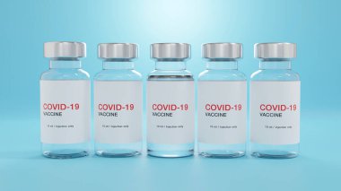 3 boyutlu görüntüleme. Covid-19 koronavirüs aşısı şişeleri için yaratıcı tasarım kas içi enjeksiyonlar için. Coronavirus (2019-nCoV virüsü) üretimi, grip tedavi ilaç ilaç üretim konsepti.