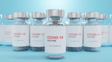 3 boyutlu görüntüleme. Covid-19 koronavirüs aşısı şişeleri için yaratıcı tasarım kas içi enjeksiyonlar için. Coronavirus (2019-nCoV virüsü) üretimi, grip tedavi ilaç ilaç üretim konsepti.