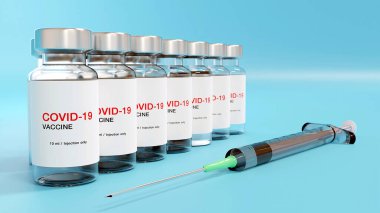 3 boyutlu görüntüleme. Covid-19 Coronavirus aşı şişeleri ve kas içi enjeksiyonlar için şırınga için yaratıcı tasarım. Corona virüsü (2019-nCoV virüsü) grip tedavi uyuşturucu eczane üretim konsepti.