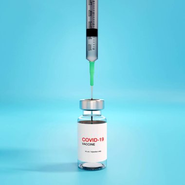 3 boyutlu görüntüleme. Covid-19 Coronavirus aşı şişeleri ve kas içi enjeksiyonlar için şırınga için yaratıcı tasarım. Corona virüsü (2019-nCoV virüsü) grip tedavi uyuşturucu eczane üretim konsepti.
