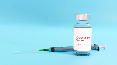 3 boyutlu görüntüleme. Covid-19 Coronavirus aşı şişeleri ve kas içi enjeksiyonlar için şırınga için yaratıcı tasarım. Corona virüsü (2019-nCoV virüsü) grip tedavi uyuşturucu eczane üretim konsepti.