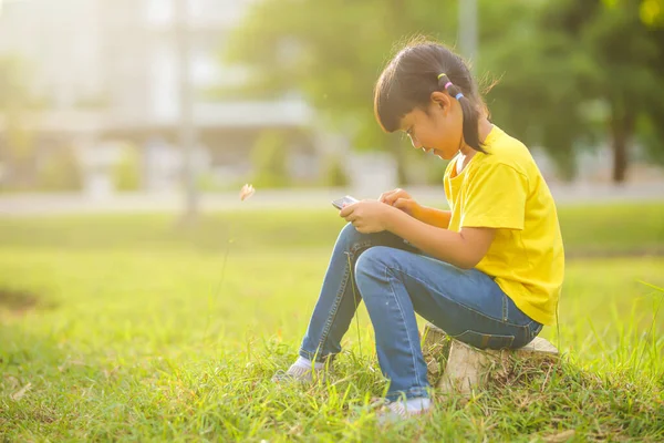 Leuk Klein Meisje Dat Met Een Laptop Speelt Het Park — Stockfoto