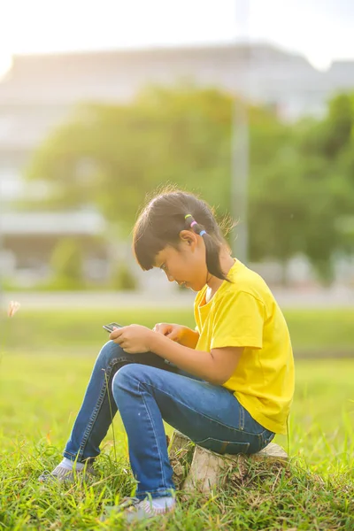Gadis Kecil Yang Lucu Bermain Dengan Laptop Taman Yang Meningkatkan — Stok Foto