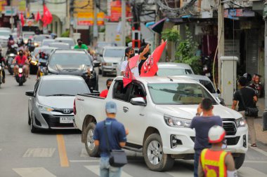 Nakhonratchasima, Thailand - July 23, 2021 : Car mob street of Thailand people took to the streets to protest against the military coup Protesters to show symbolic gestures at democracy.