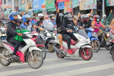Nakhonratchasima, Thailand - July 23, 2021 : Car mob street of Thailand people took to the streets to protest against the military coup Protesters to show symbolic gestures at democracy.