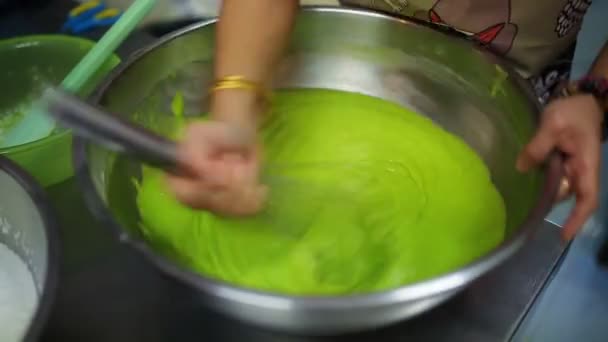 Immersion Blender Whisk Girl Beats Dough Metal Pot Process Making — Vídeo de Stock