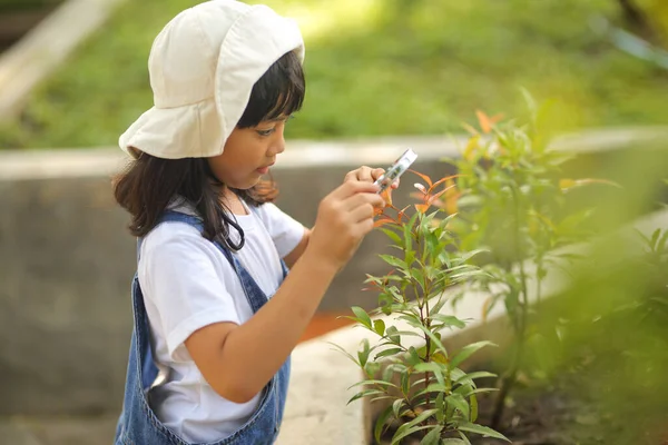 Niña Asiática Vistiendo Sombrero Blanco Jeans Mono Xploring Naturaleza Con — Foto de Stock