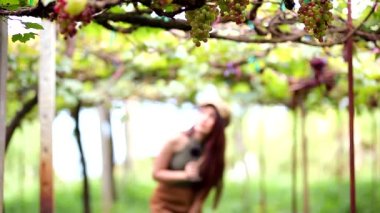 Güzel kadınlar çekici, şık, uzun saçlar. Üzüm bağında bir bardak kırmızı şarap içiyorlar. Tatilde..