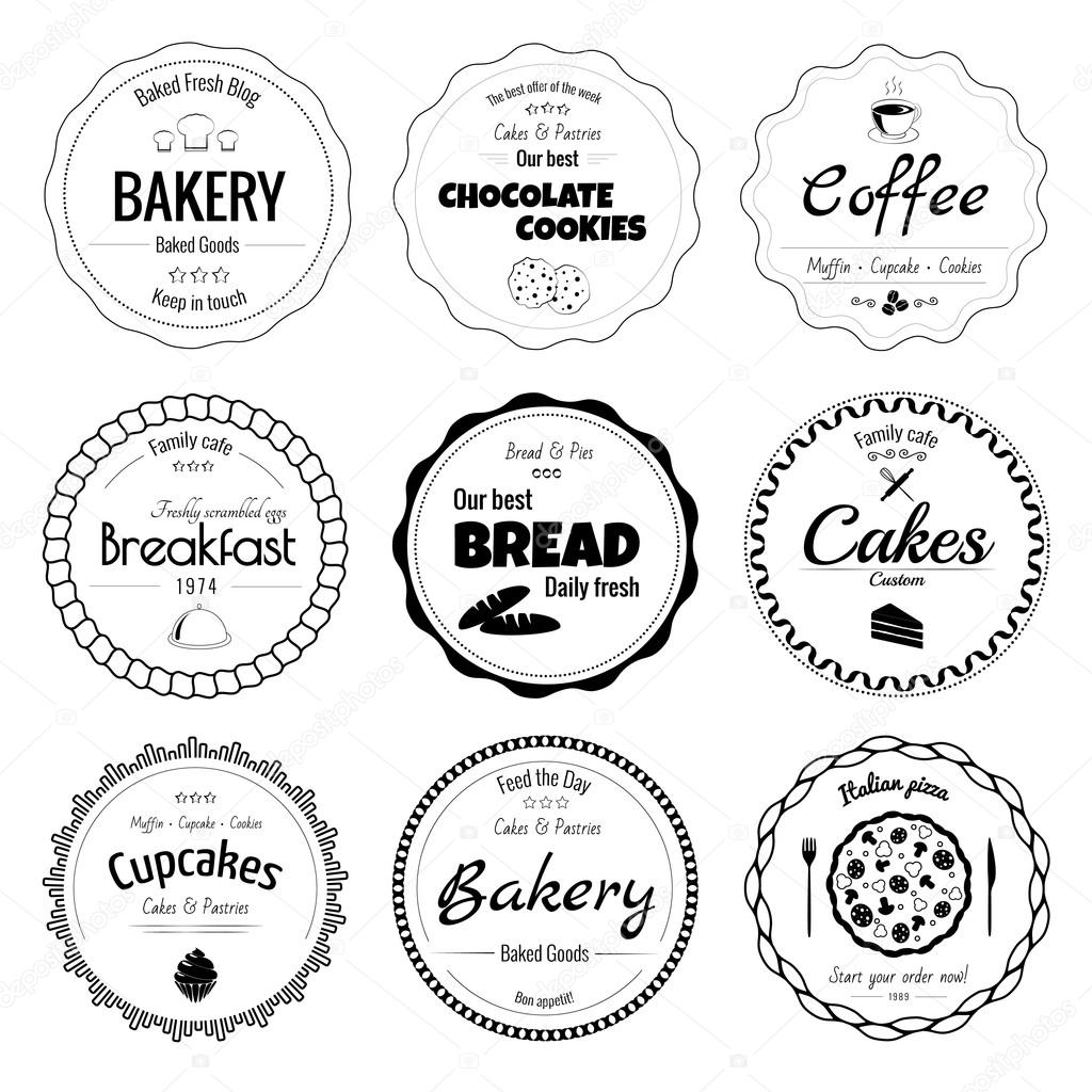 Set of 9 circle bakery labels isolated on white background