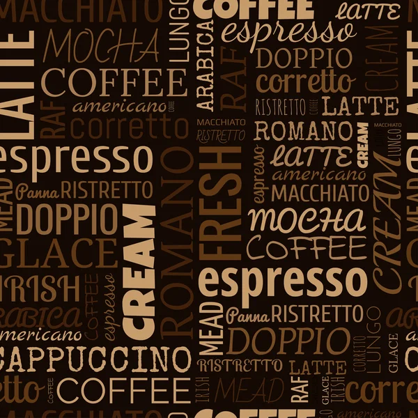 Palavras de café, etiquetas. Padrão sem costura Vetores De Stock Royalty-Free