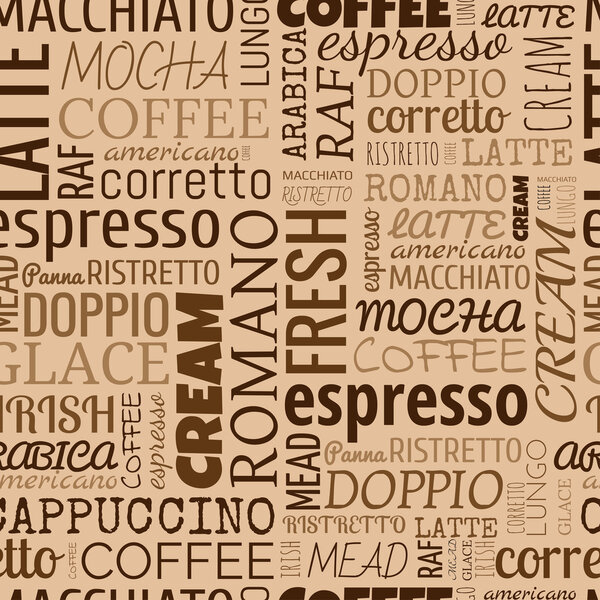 Coffee words, tags. Seamless pattern
