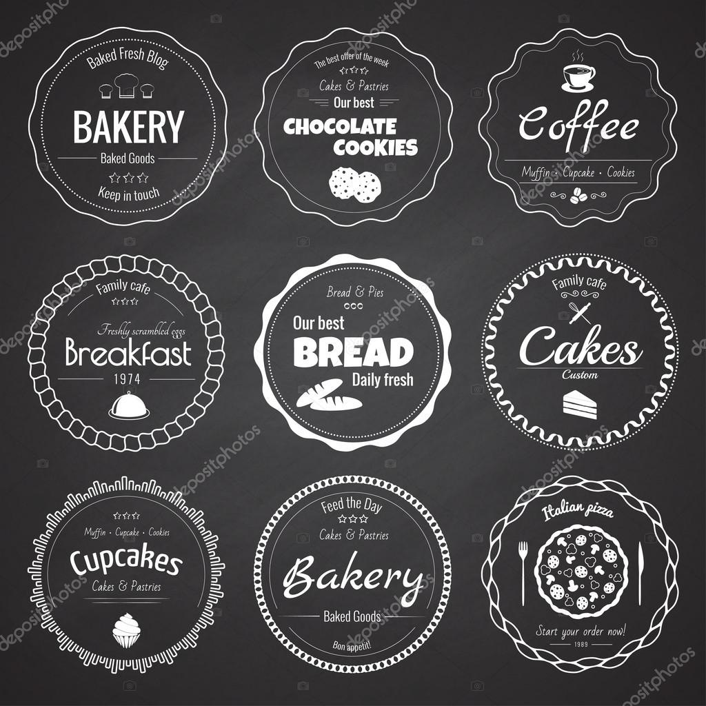 Set of 9 circle bakery labels on the chalkboard background