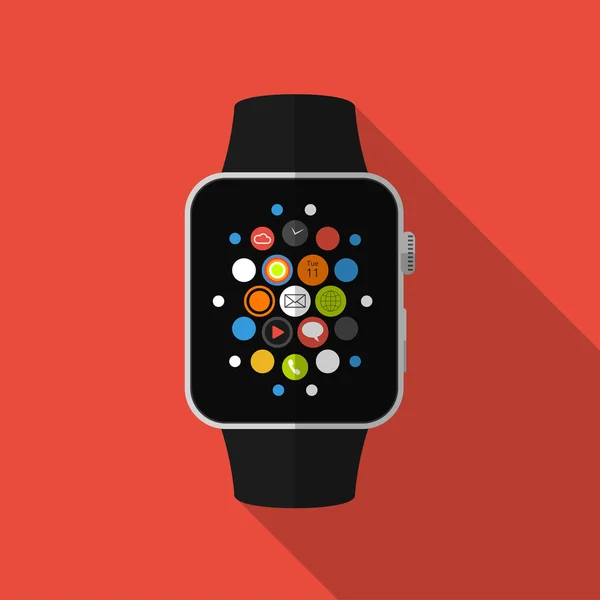 Reloj inteligente con iconos, concepto. Diseño plano — Vector de stock