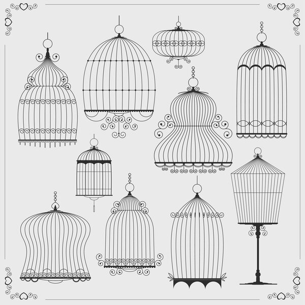 Set of silhouettes of birdcages