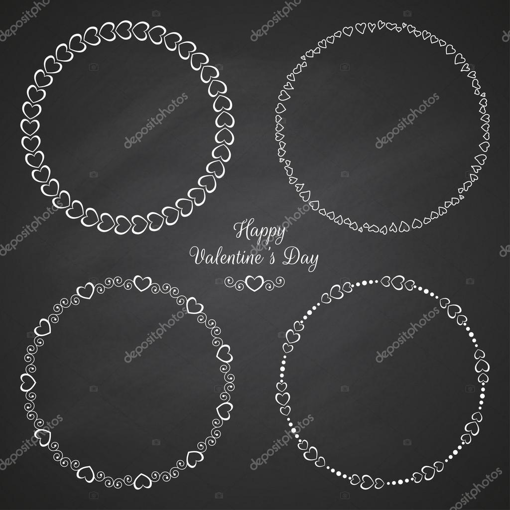 Set of 4 circle cute frames for the St. Valentines Day on the chalkboard background