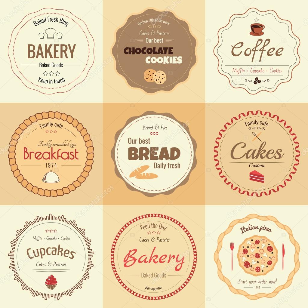 Set of 9 circle bakery labels, warm colors