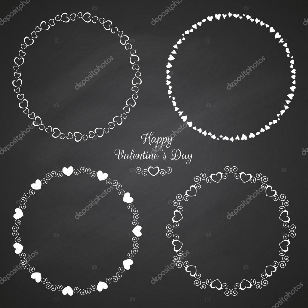 Set of circle cute frames for the St Valentines Day on the chalkboard background