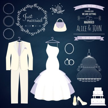 Düğün dresse ve damat takım elbise farklı accsessories ve öznitelikleri ile