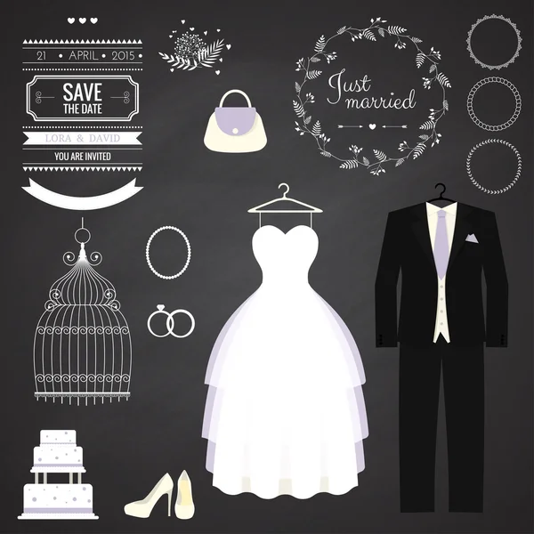 Düğün dresse ve damat takım elbise farklı accsessories ve öznitelikleri ile