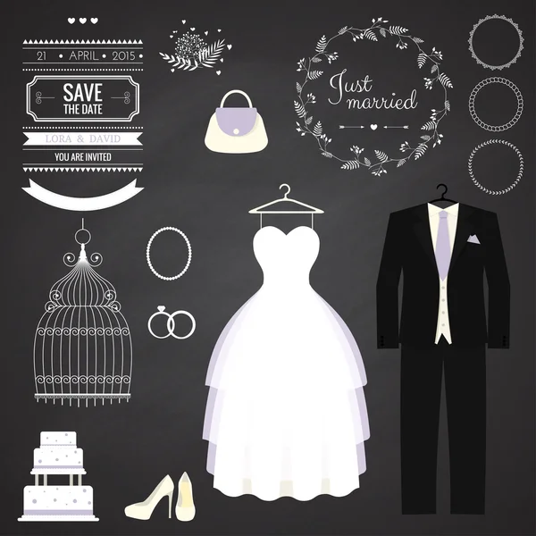 Vestido de novia y traje de novio con diferentes accesoriosy atributos Vectores de stock libres de derechos
