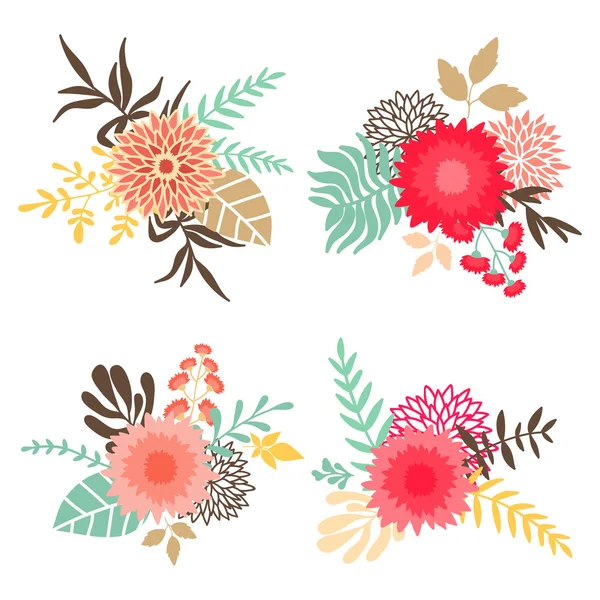 Collection of bouquets with flowers and leaves — Stock Vector