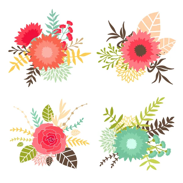 Collection of bouquets with flowers and leaves — Stock Vector