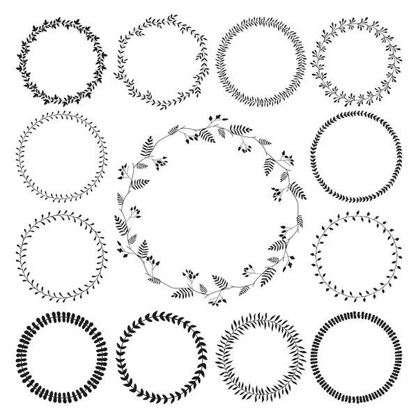 Big collection of circle cute hand drawn floral frames — Stock Vector