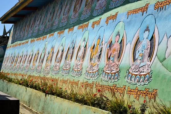 Kleurrijke Boeddha's op tempel muur, Nepal — Stockfoto