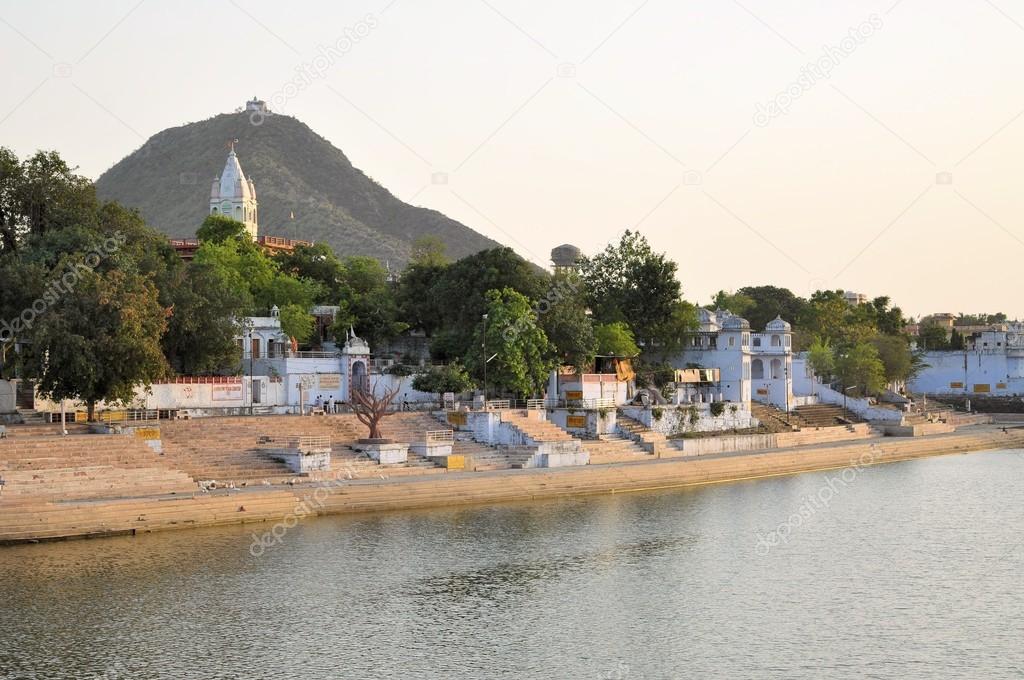 Ghats at lake in holy city of Pushkar, India