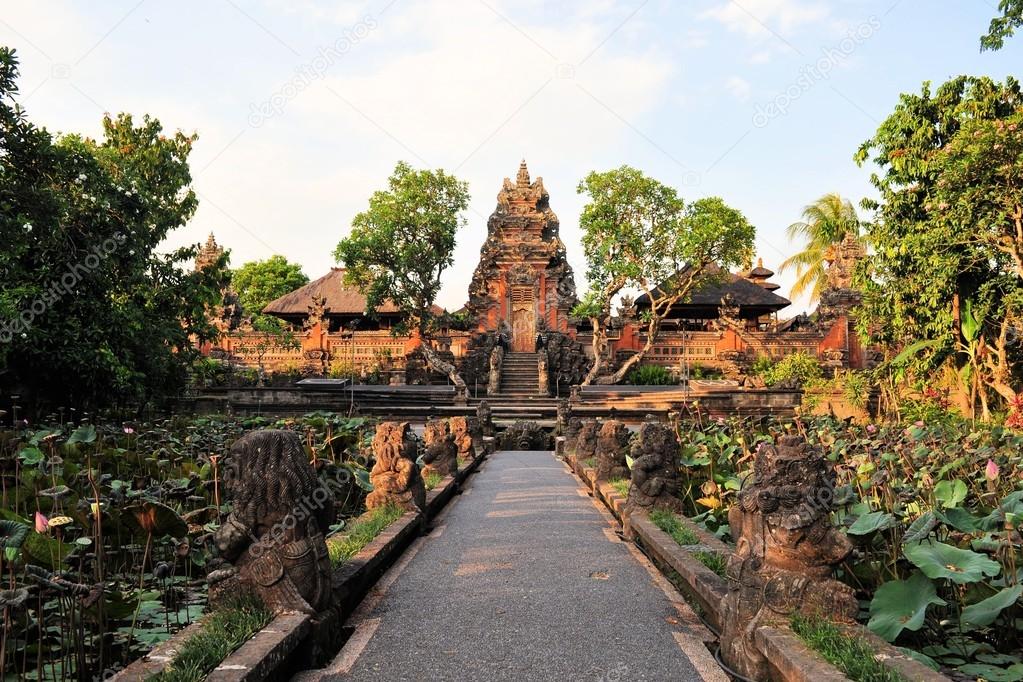 Lotus pond and Hindu temple, Ubud, Bali