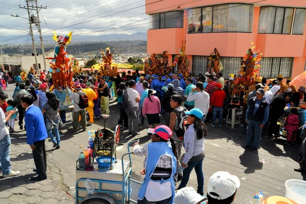 Porcos adornados com frutas, bebidas espirituosas, bandeiras e cobaias no festival tradicional La Fiesta de la Mama Negra — Fotografia de Stock