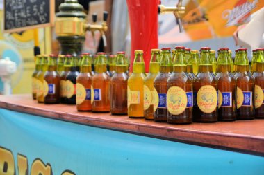 Bottles of beer at Beerfest by former German settlers in Chilean Patagonia