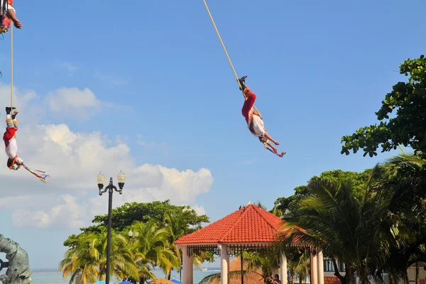 Voladores Acrobat interpreți la ceremonia de dans tradițional Flying Men din Mexic, Mesoamerica — Fotografie, imagine de stoc