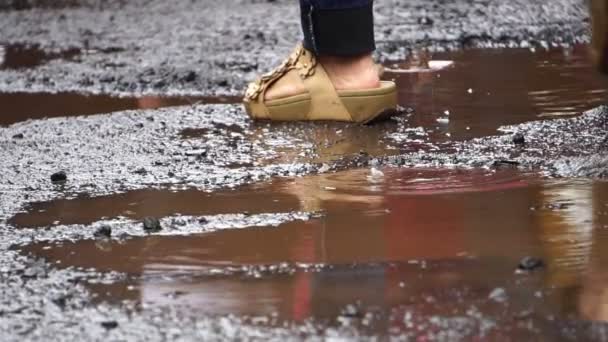 Jambes Des Images Personnes Marchent Sur Route Avec Des Flaques — Video